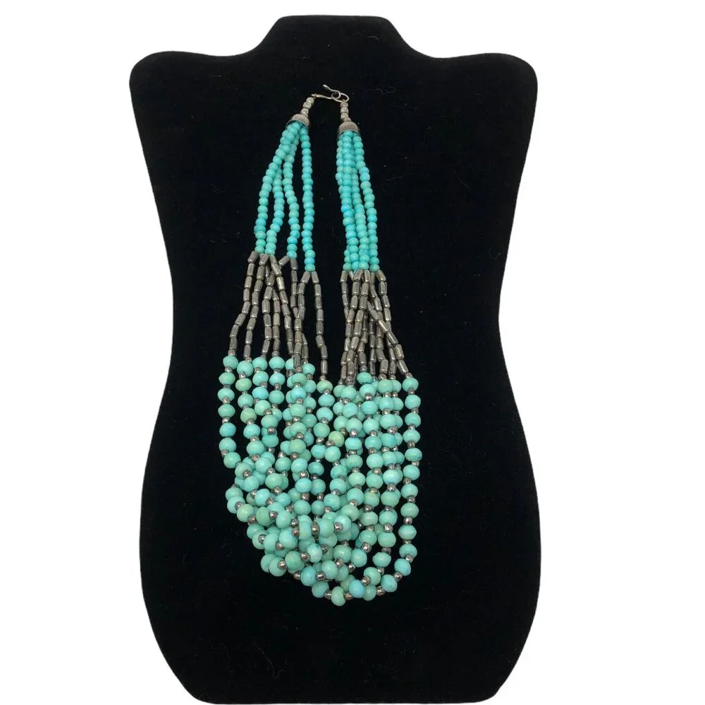 Beaded Necklace Turquoise Blue‎ Green Colored and Hematite 4 Strand